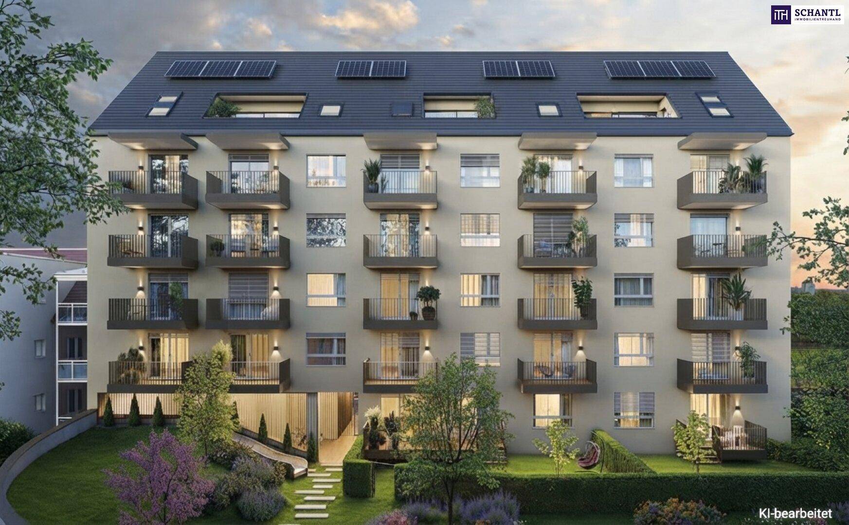 Modernes Mehrfamilienhaus mit zahlreichen Balkonen, Photovoltaikanlage auf dem Dach und gepflegtem Gartenbereich mit Spielplatz.
