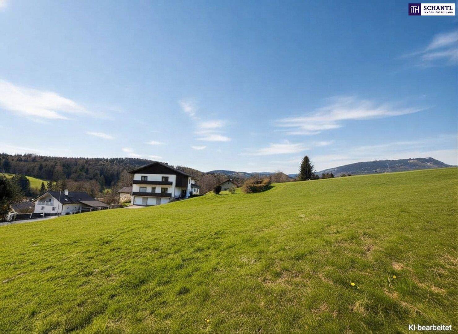 Weitläufige grüne Wiese mit einem modernen Wohnhaus und einer malerischen Hügellandschaft im Hintergrund.