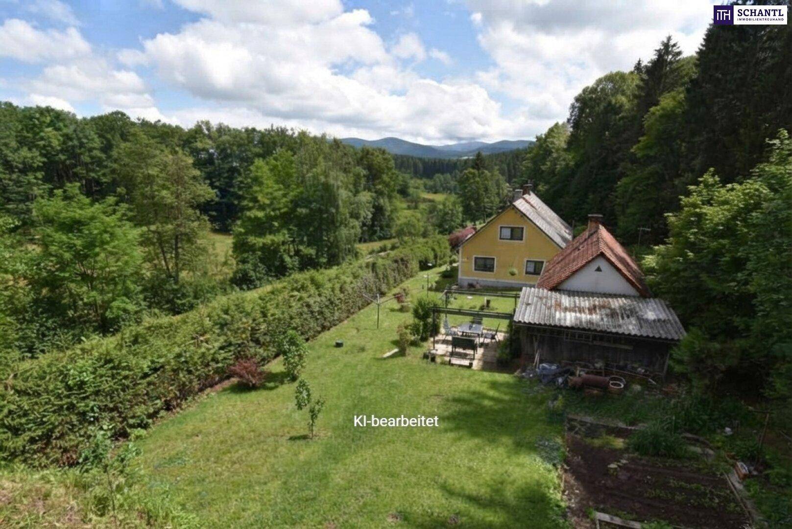 Weitläufiger Gartenbereich mit Haus, Nebengebäude und viel Grün, umgeben von ländlicher Natur.