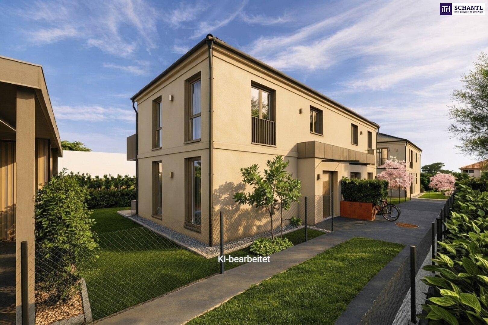 Seitenansicht eines modernen Hauses mit gepflegtem Garten, Zugangsweg und Hecke.