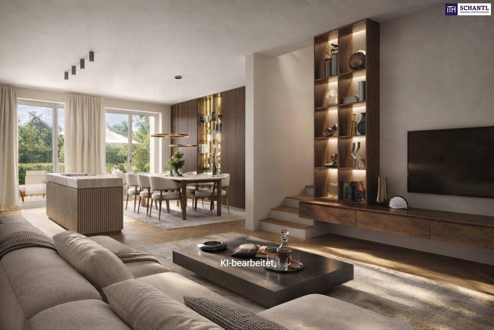 Geräumiger Wohnbereich mit stilvoller Einrichtung, Holzboden und beleuchtetem integriertem Regal.