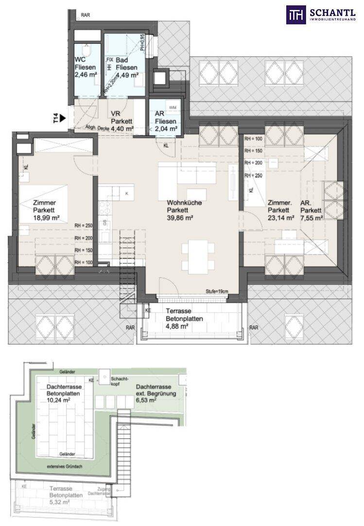 Grundriss einer Dachgeschosswohnung mit offener Wohnküche, zwei Zimmern, Bad und einer Terrasse.