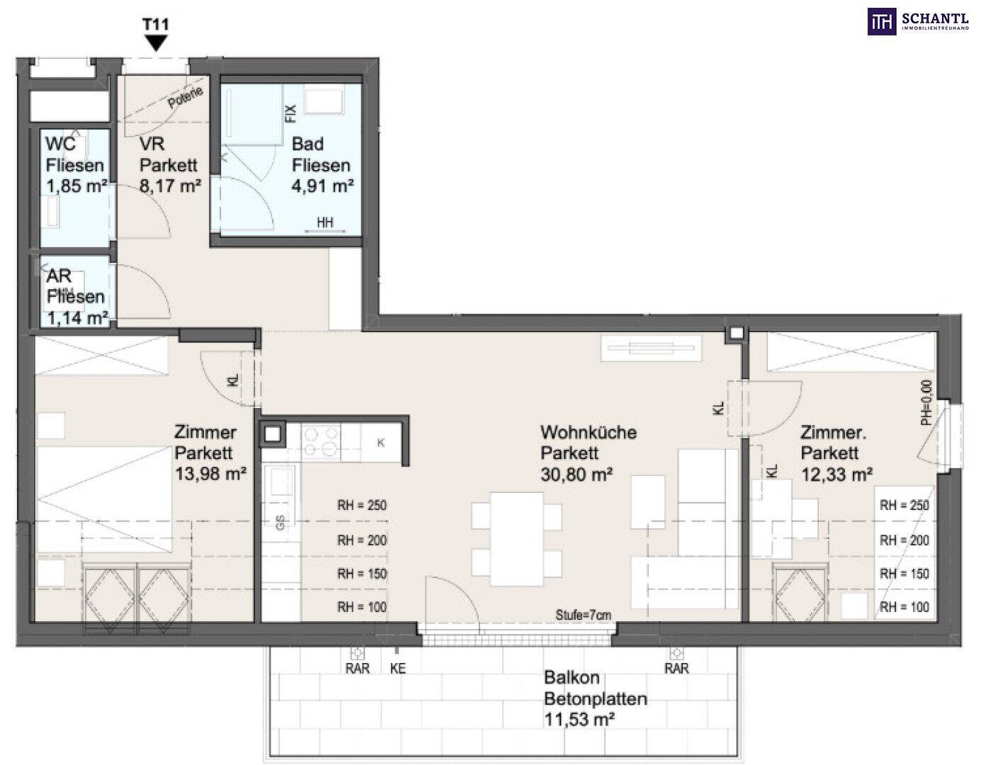 Detaillierter Grundriss einer Wohnung mit Wohnküche, zwei Zimmern und einem Balkon.