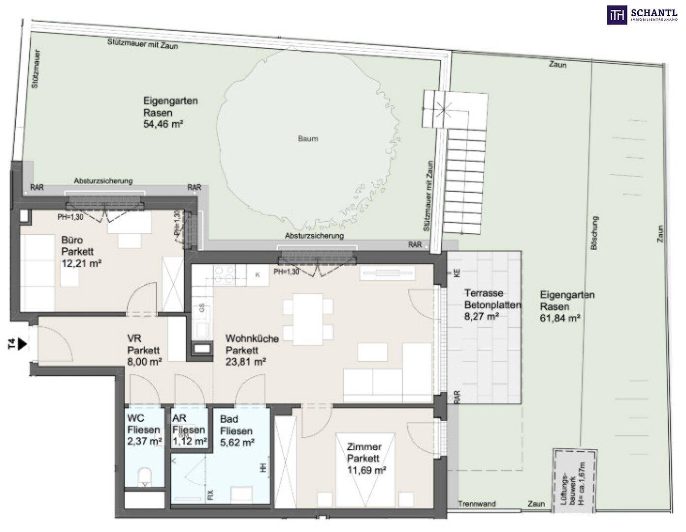 Grundriss einer Wohnung mit Wohnküche, Schlafzimmer, Bad und zwei privaten Gartenbereichen.