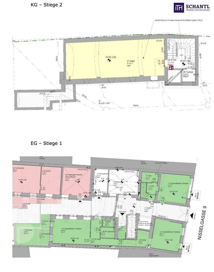 Grundrisse des Keller- und Erdgeschosses mit verschiedenen Wohneinheiten.