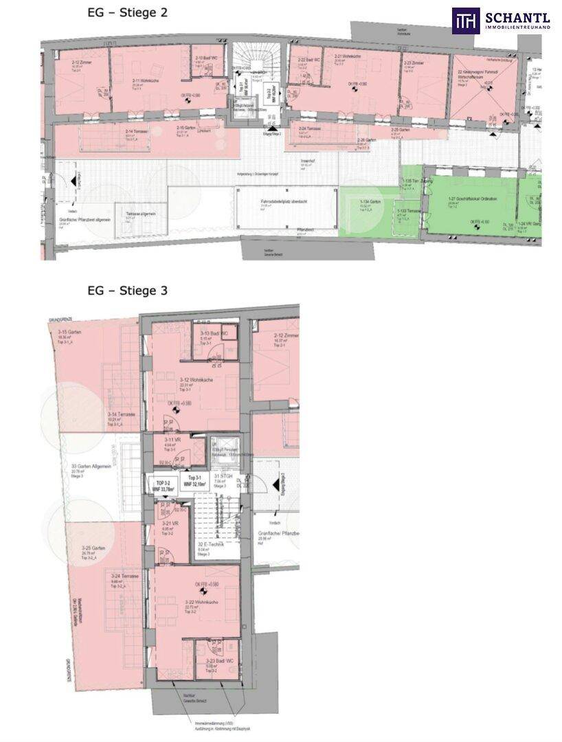 Grundrisse des Erdgeschosses mit mehreren Wohneinheiten und Terrassenzugang.