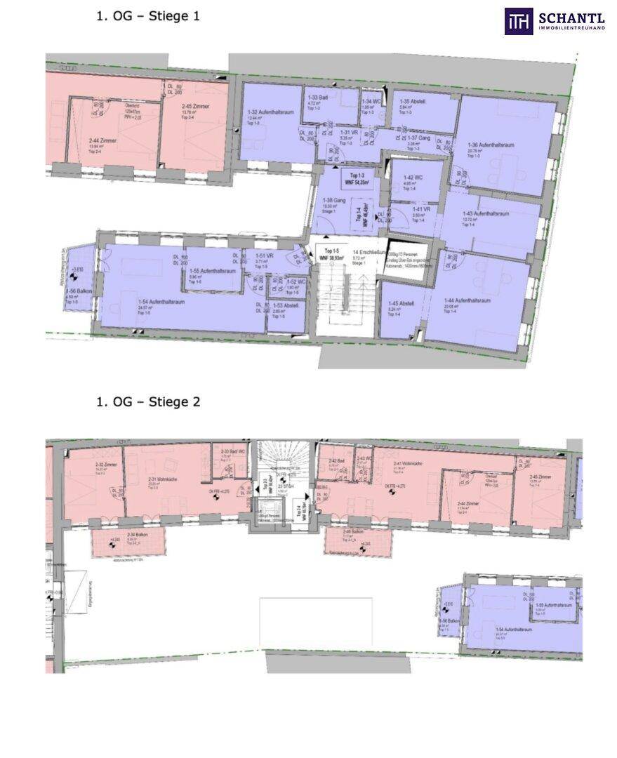 Grundrisse des ersten Obergeschosses mit verschiedenen Wohnungen und Balkonen.