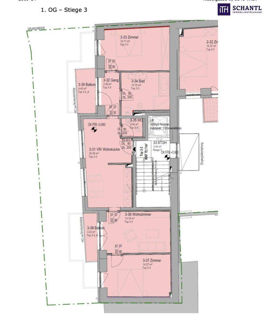 Grundriss einer Wohnung im ersten Obergeschoss mit Balkon und offener Wohnküche.