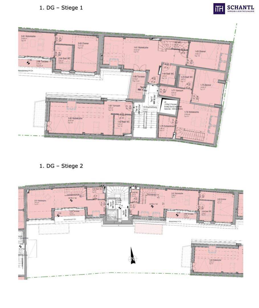 Grundrisse des Dachgeschosses mit mehreren Wohnungen und Terrassen.