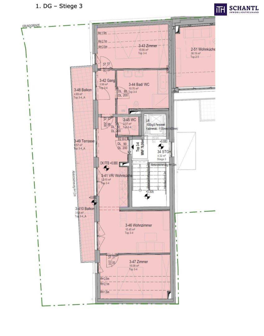 Grundriss einer Dachgeschosswohnung mit Terrasse, Balkon und offener Wohnküche.