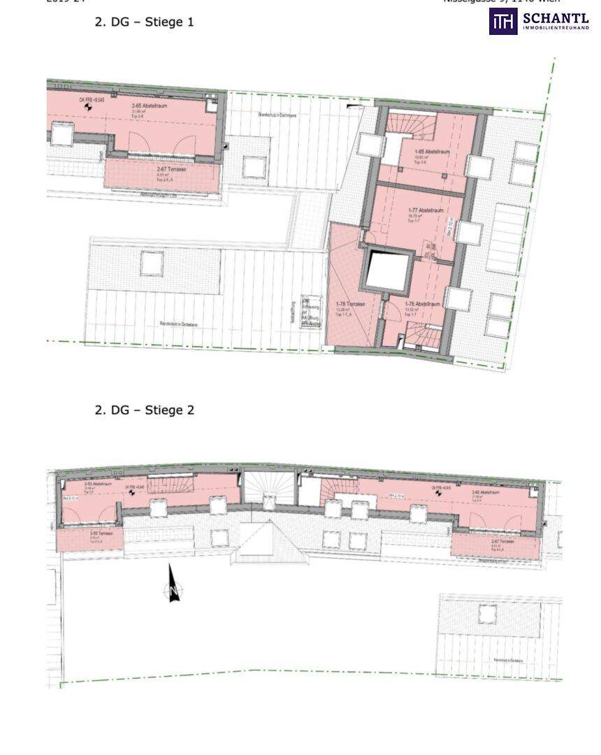 Grundrisse des zweiten Dachgeschosses mit Wohnungen und Terrassenbereichen.