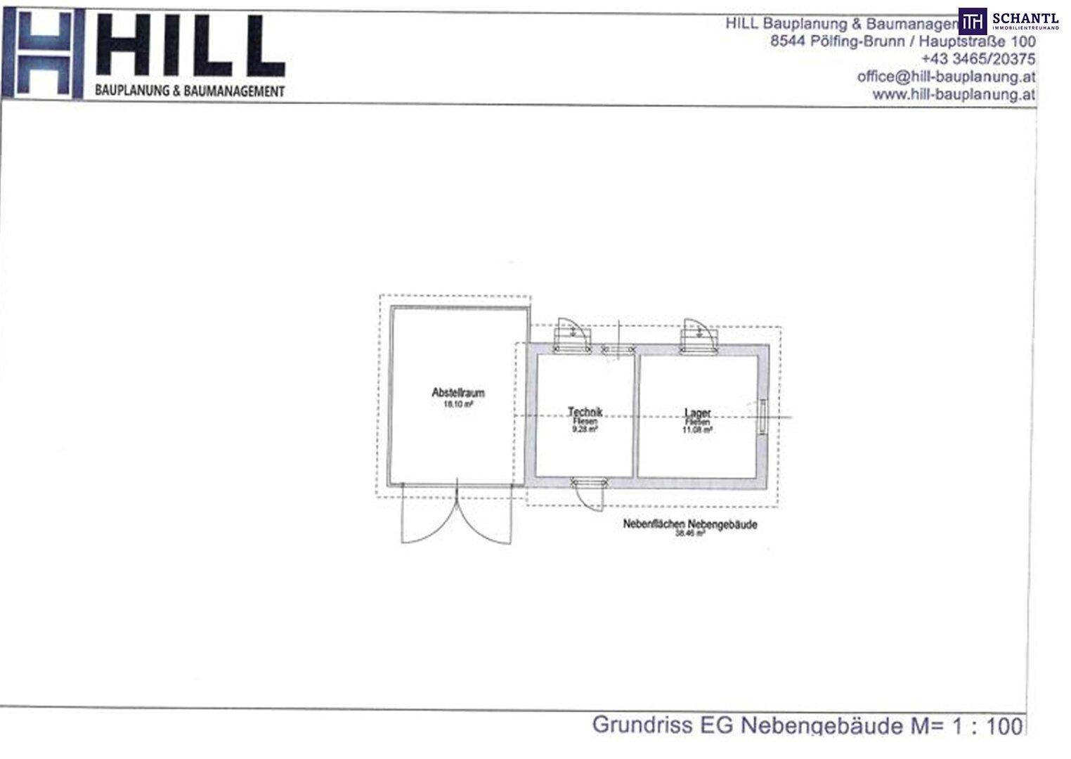 Grundriss des Erdgeschosses eines Nebengebäudes mit Abstellraum, Technikraum und Lager.