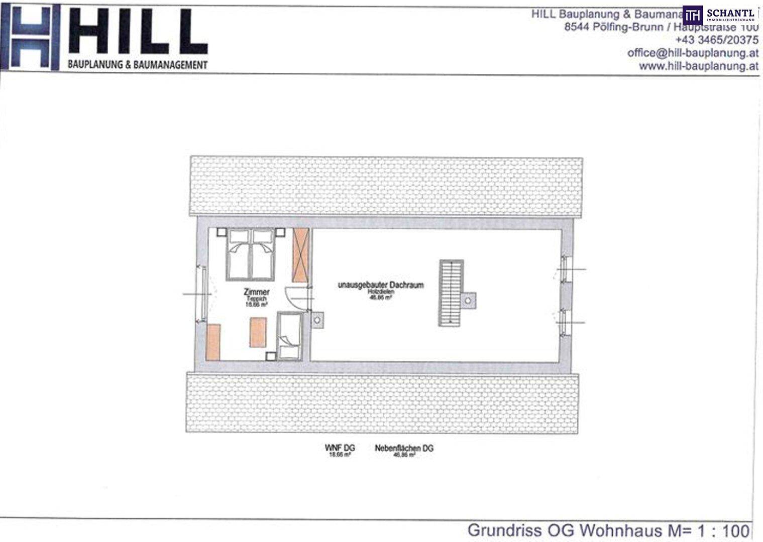 Grundriss des Dachgeschosses eines Wohnhauses mit einem Zimmer und unausgebautem Dachraum.