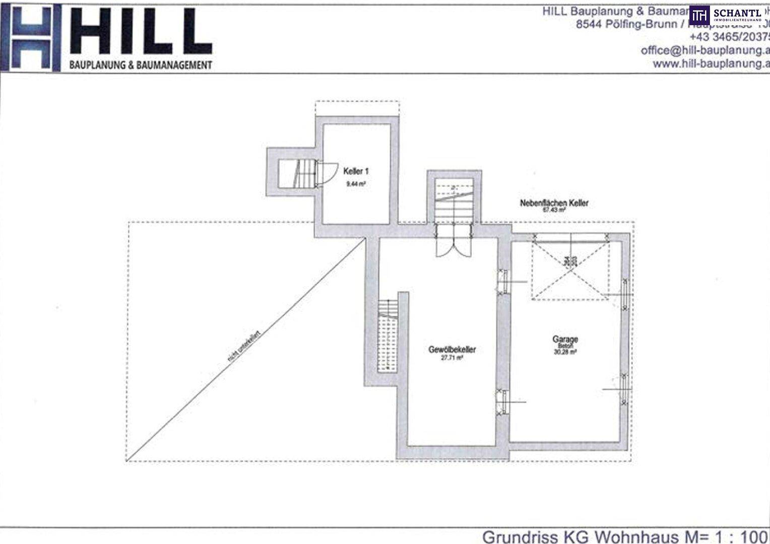 Grundriss des Kellergeschosses eines Wohnhauses mit Keller, Gewölbekeller und Garage.