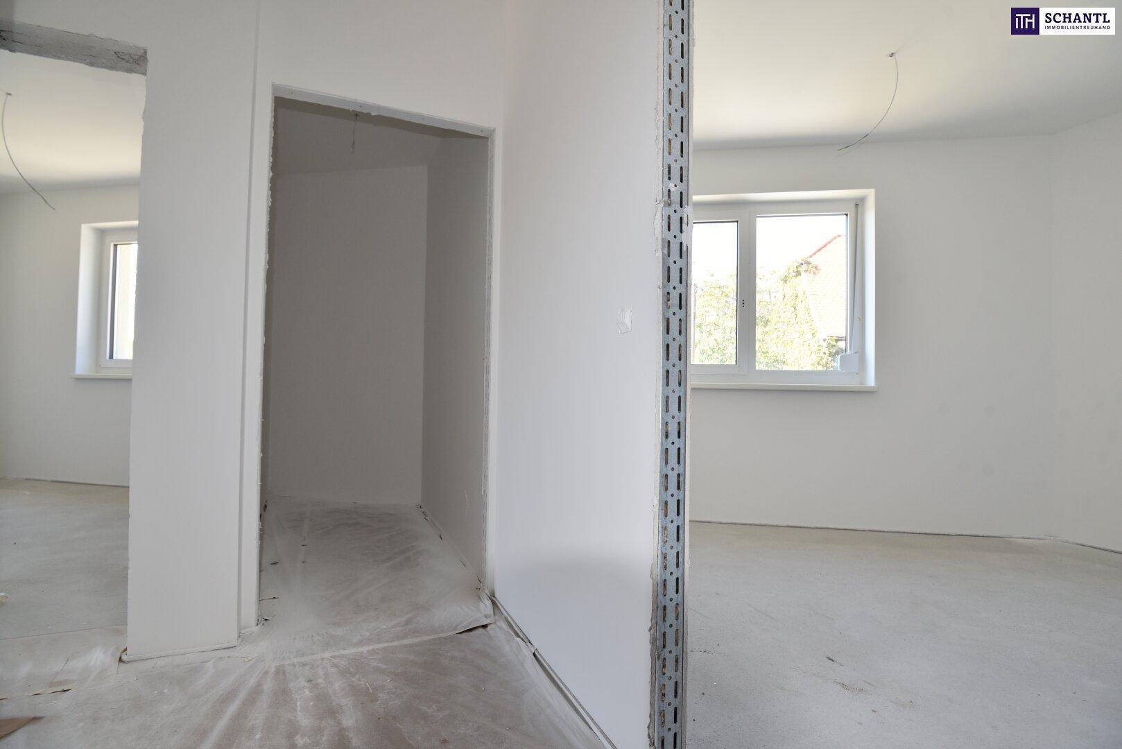 Innenraum im Rohbauzustand mit mehreren Türöffnungen und Fenstern.