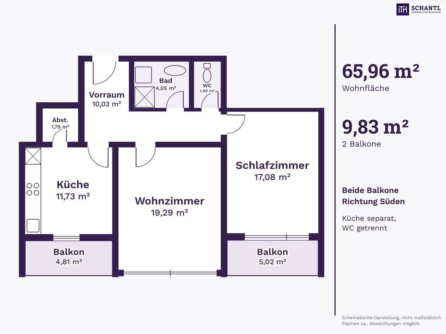 Schematischer Grundriss mit Raumbezeichnungen und Flächenangaben für Wohn- und Balkonbereiche.