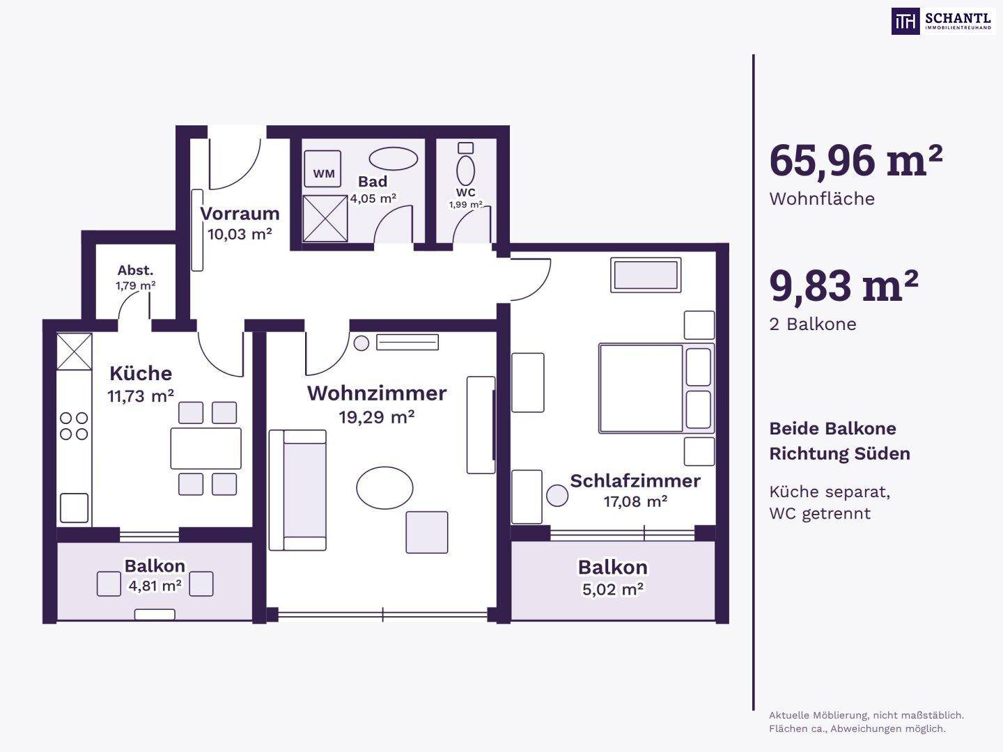 Grundriss mit Möblierungsvorschlag, Raumbezeichnungen und Flächenangaben.