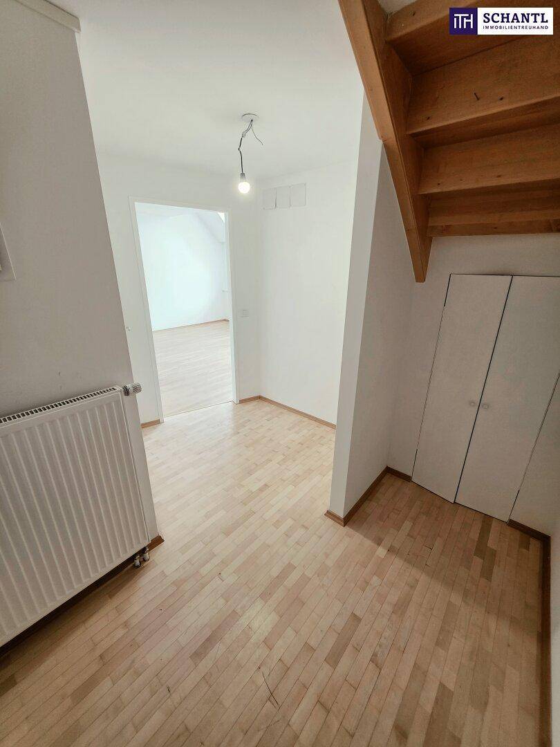Heller Flurbereich mit Parkettboden, Heizkörper und praktischem Einbauschrank unter der Treppe.