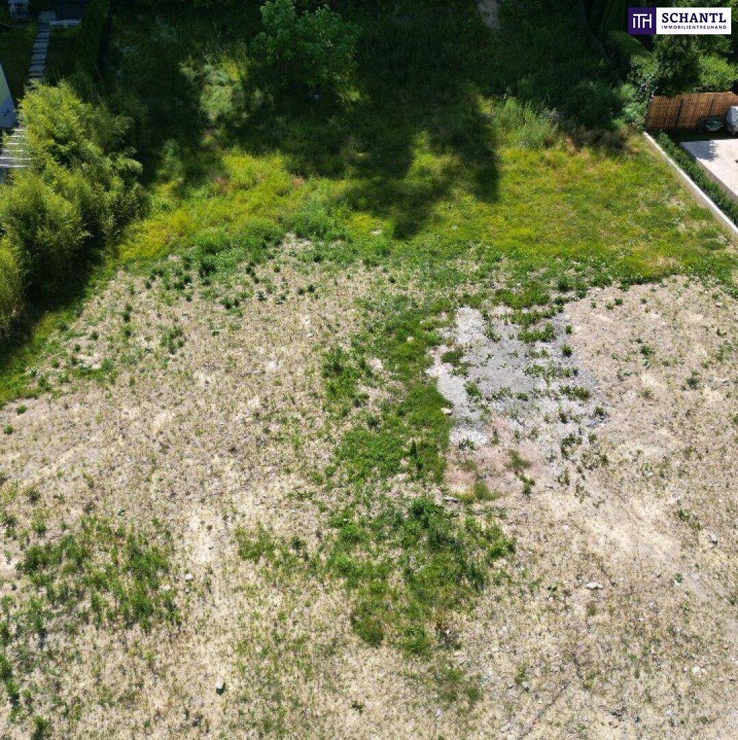 Nahaufnahme aus der Vogelperspektive eines unbebauten Grundstücks mit Gras und Erde.