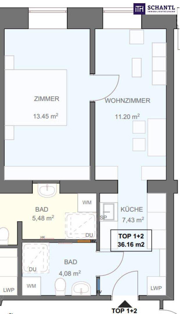 Detaillierter Grundriss einer Wohnung mit Schlafzimmer, Wohnzimmer, Küche und zwei Bädern.