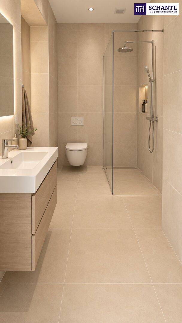 Modernes Badezimmer mit beigefarbenen Fliesen, einer ebenerdigen Dusche und einem eleganten Waschtisch.