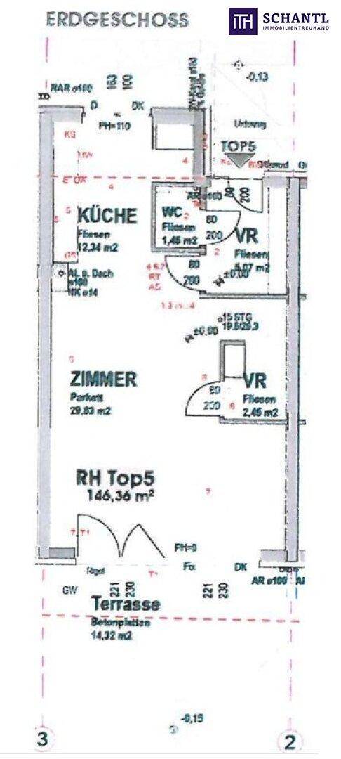 Grundriss des Erdgeschosses mit Küche, Zimmer, WC und Terrasse.