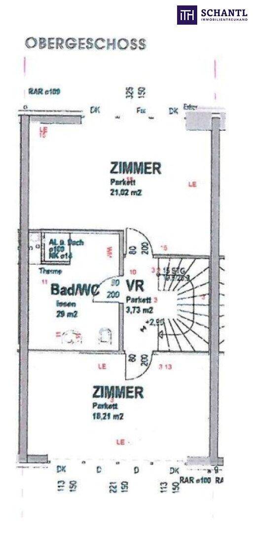 Grundriss des Obergeschosses mit zwei Zimmern, Bad/WC und Treppenaufgang.