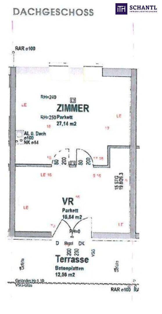 Grundriss des Dachgeschosses mit Zimmer, Vorraum und großer Terrasse.