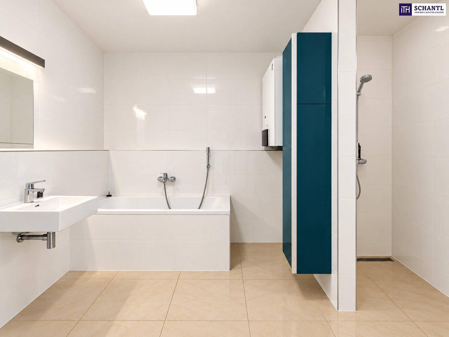 Modernes Badezimmer mit Badewanne, Dusche, Einzelwaschbecken und blauen Akzenten.