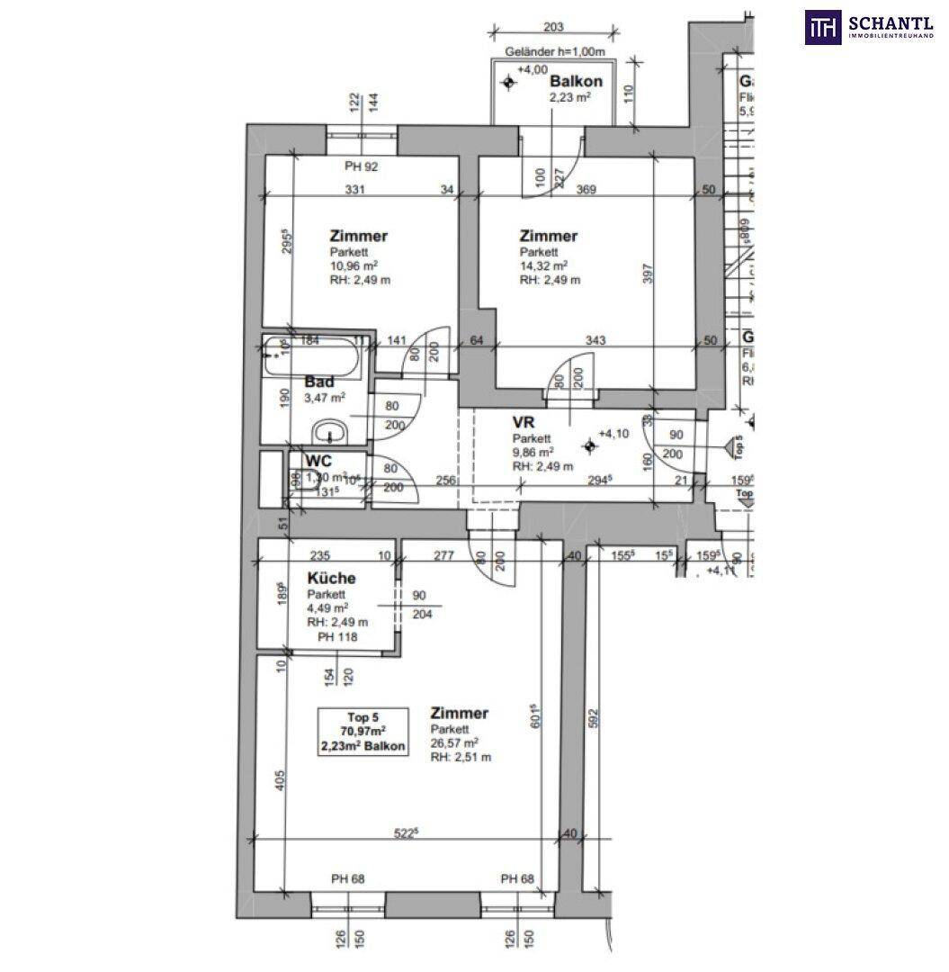 Technischer Grundriss mit genauen Maßen und Raumbezeichnungen der Wohnung.