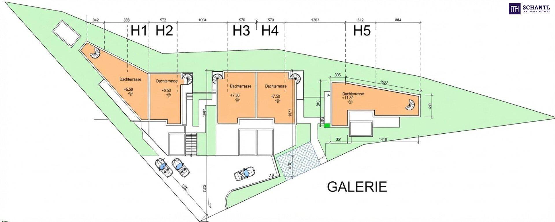 Grundriss der Galerieebene mit Dachterrassen und Außenbereichen für die Wohneinheiten.