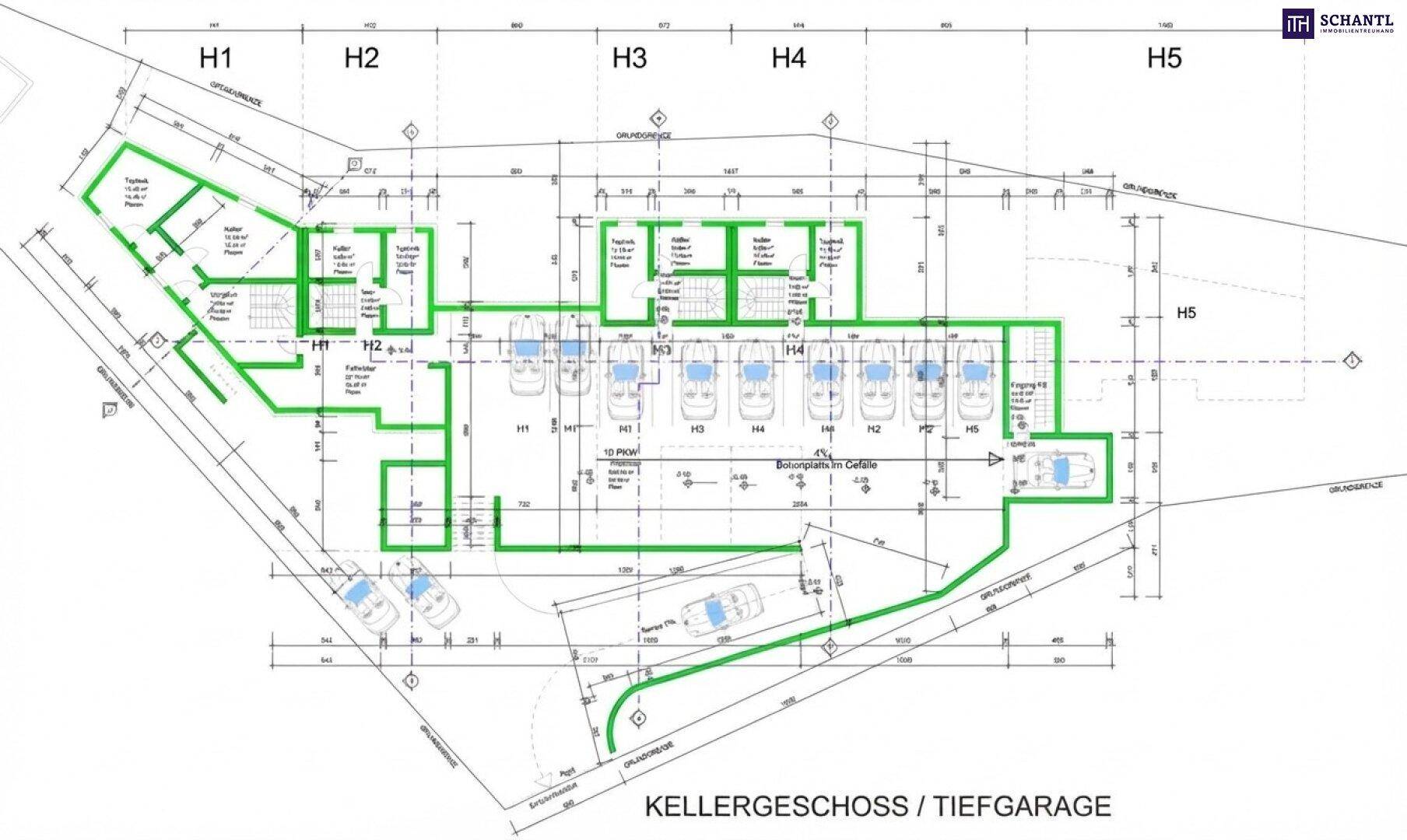 Grundriss des Kellergeschosses mit Tiefgarage und Abstellräumen für die Wohneinheiten.