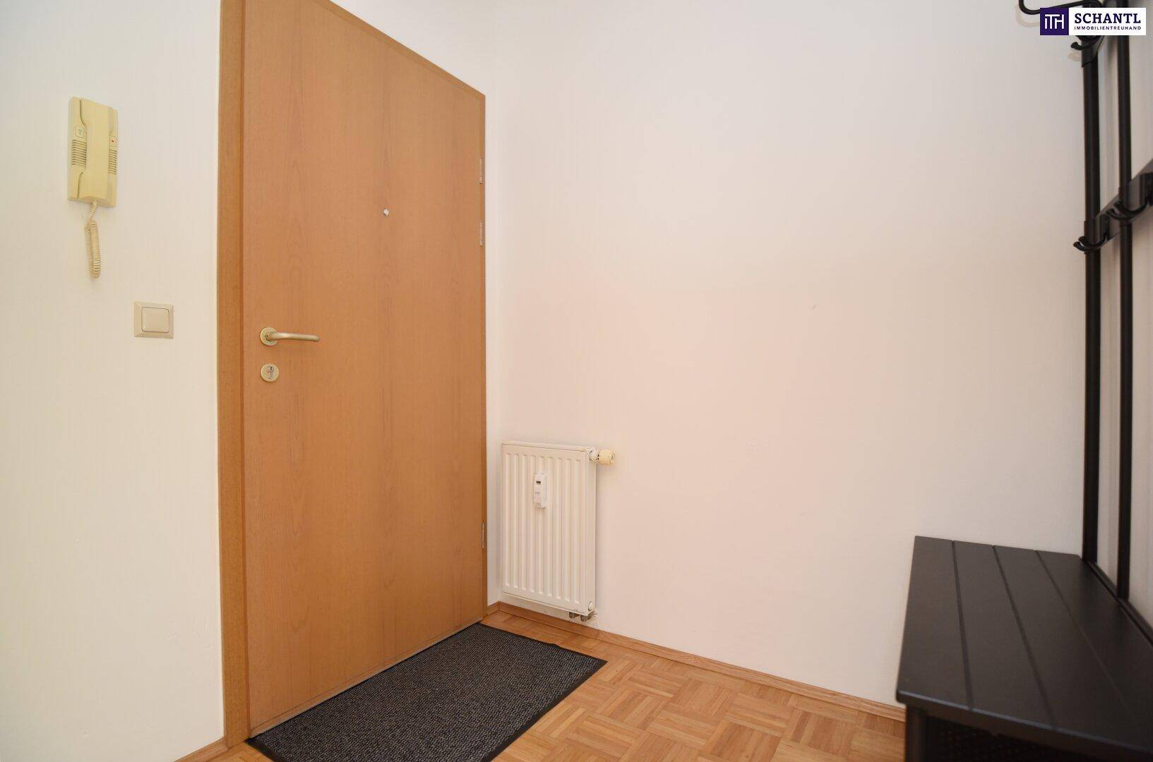 Eingangsbereich mit Gegensprechanlage und Heizkörper, bereit für eine Garderobe.