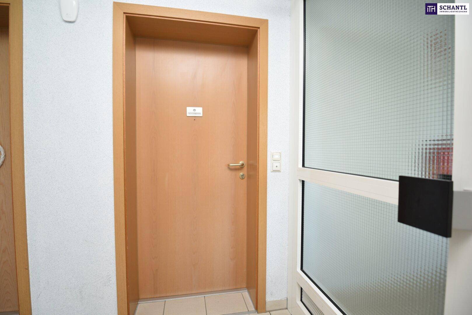 Heller Flur mit Holztür und einer Tür mit Milchglas, gefliestem Boden.