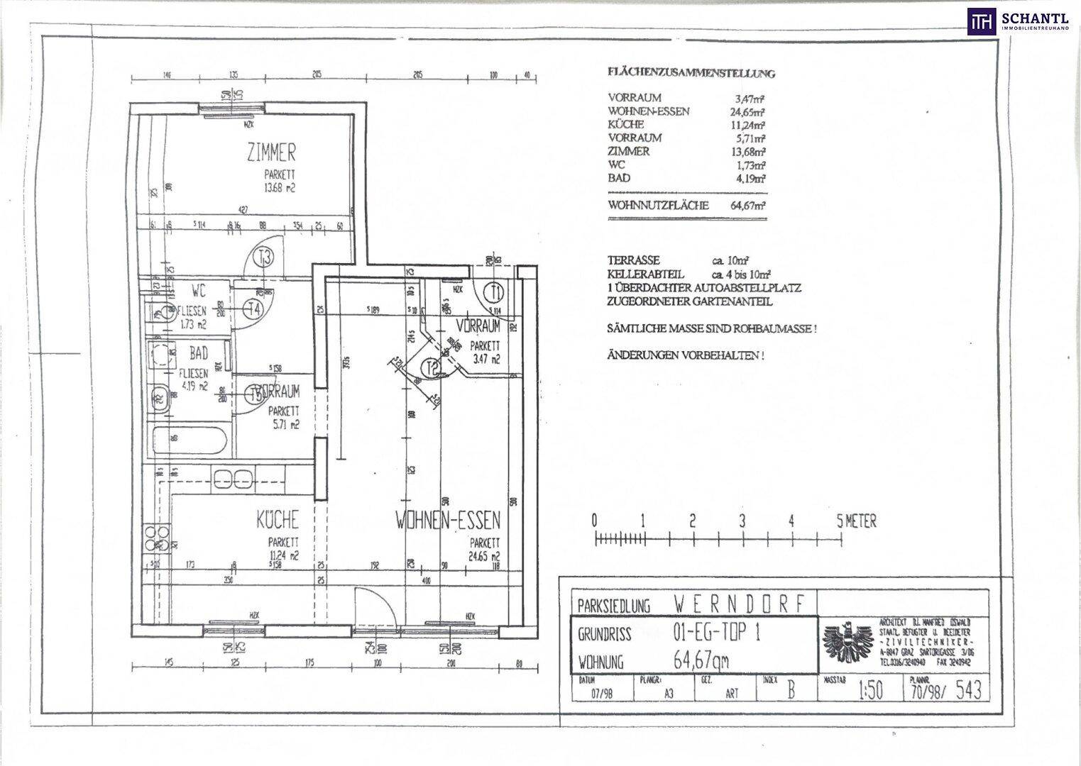 Grundriss der Erdgeschosswohnung mit Wohn-Essbereich, Küche und Terrasse.