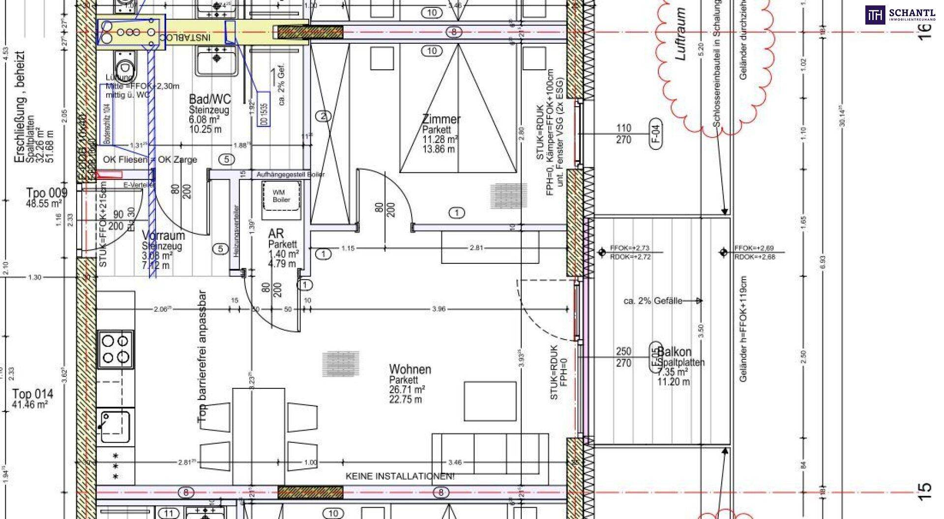 Detaillierter Grundrissplan einer Wohnung mit Wohnbereich, Zimmern und Balkon.