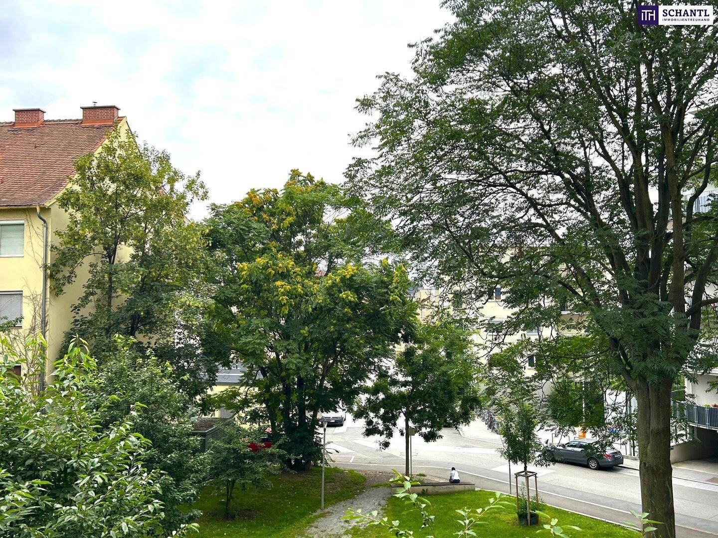 Blick vom Balkon auf eine grüne Straße mit Bäumen und umliegenden Wohngebäuden.