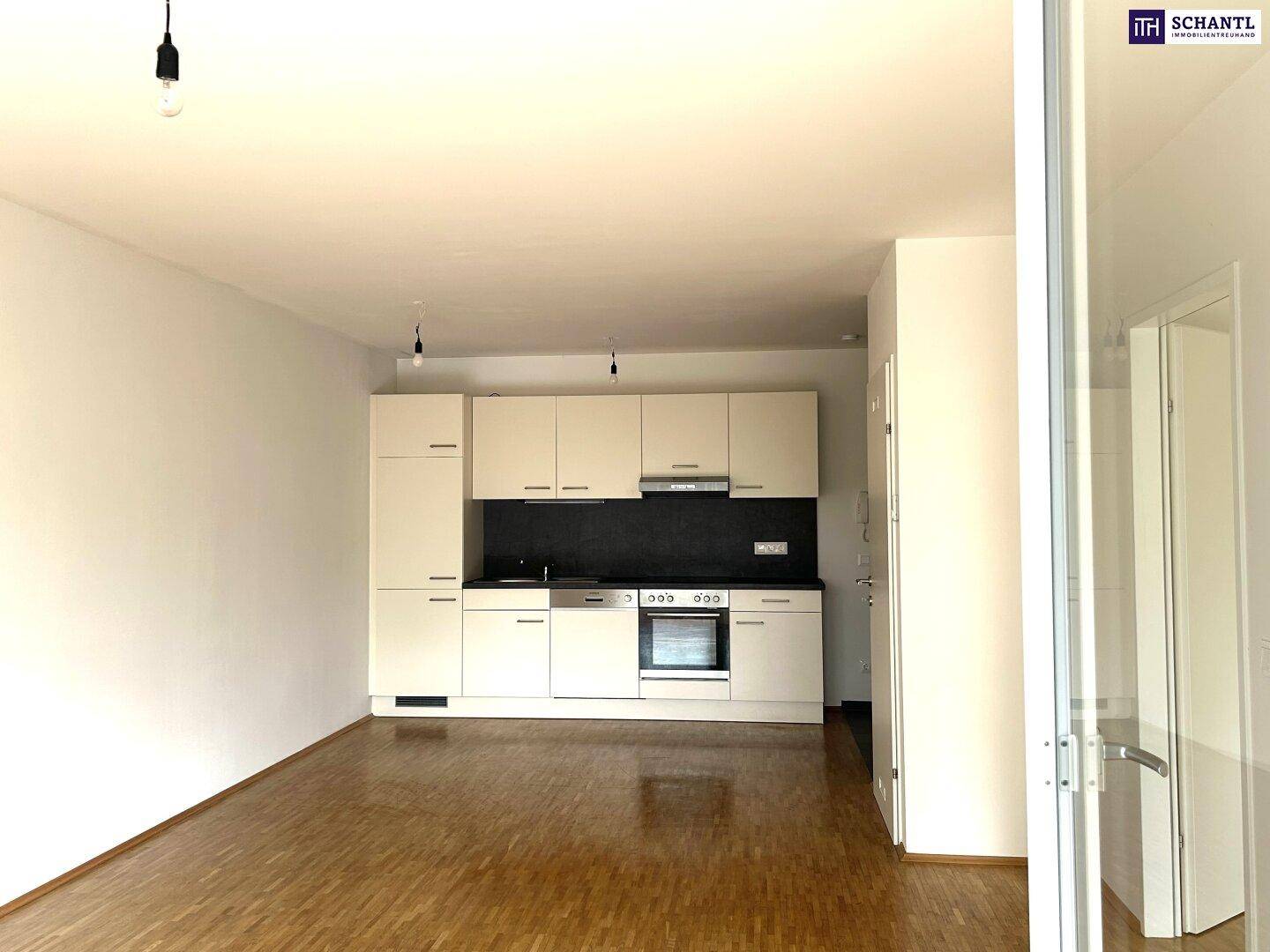 Offener Wohn- und Essbereich mit integrierter Küche und Parkettboden, hell und geräumig.