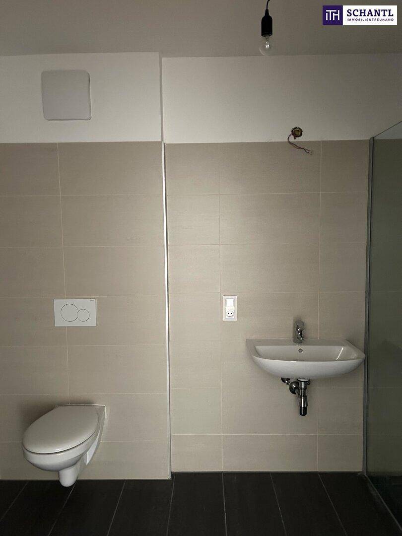 Separate Toilette mit Wand-WC, Waschbecken und hellen Fliesen, sauber und funktional.