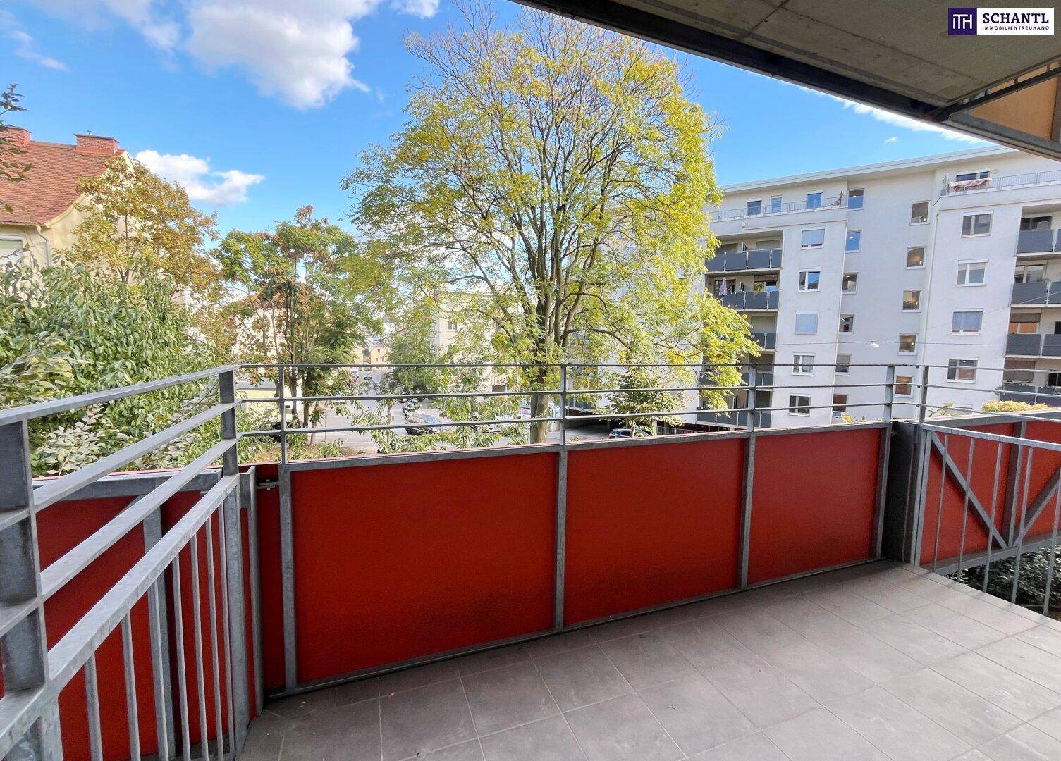 Balkon mit rotem Sichtschutz und Blick auf Bäume und umliegende Gebäude.