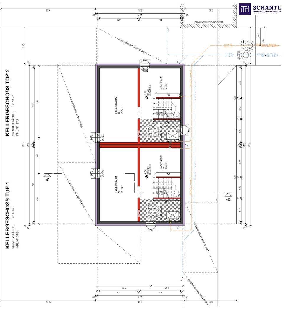 Grundriss des Kellergeschosses mit Lagerräumen und Technikbereichen für zwei Wohneinheiten.