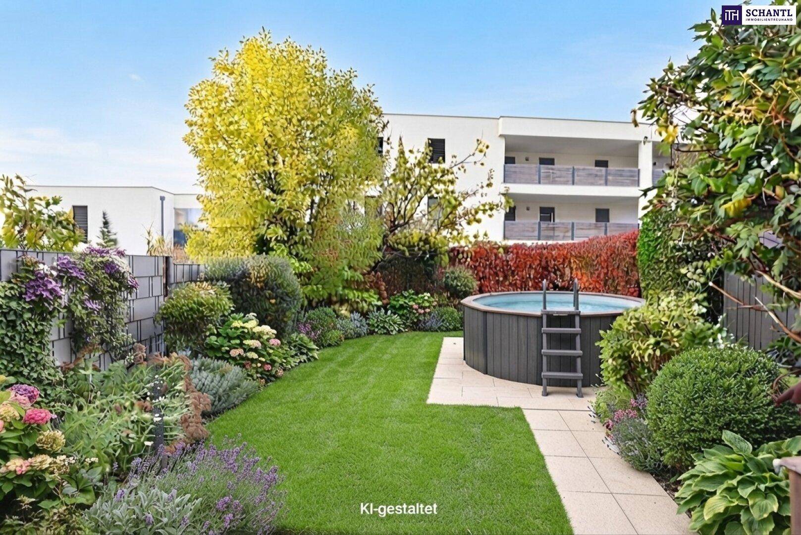 Gepflegter Garten mit Rasenfläche, vielfältiger Bepflanzung und einem Aufstellpool.