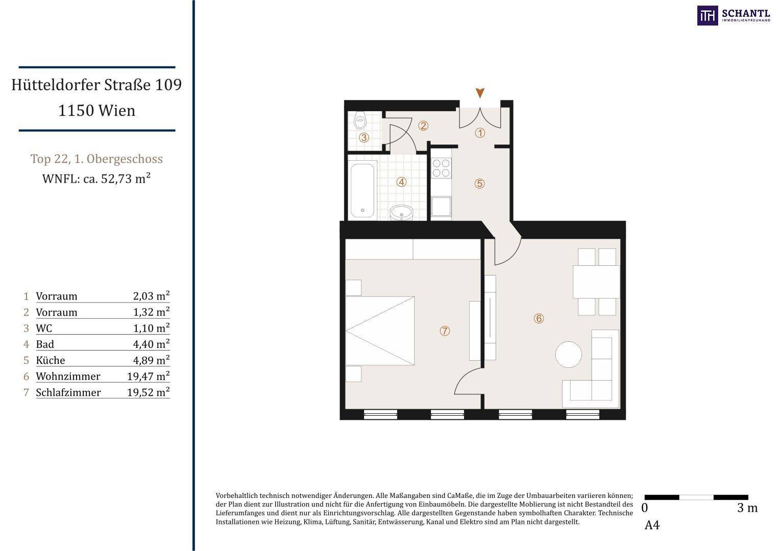 Grundriss der Wohnung mit einer Wohnfläche von 52,73 m², zeigt die Raumaufteilung.