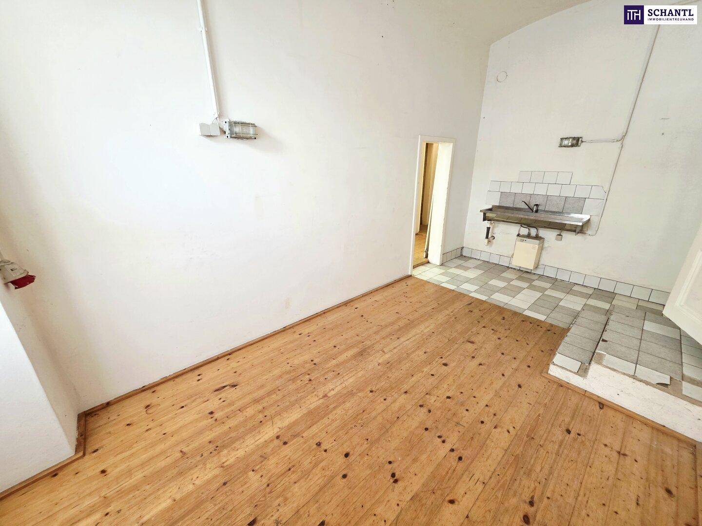 Raum mit Holzplankenboden und einem gefliesten Bereich mit Metallwaschbecken, ideal als Hauswirtschaftsraum.
