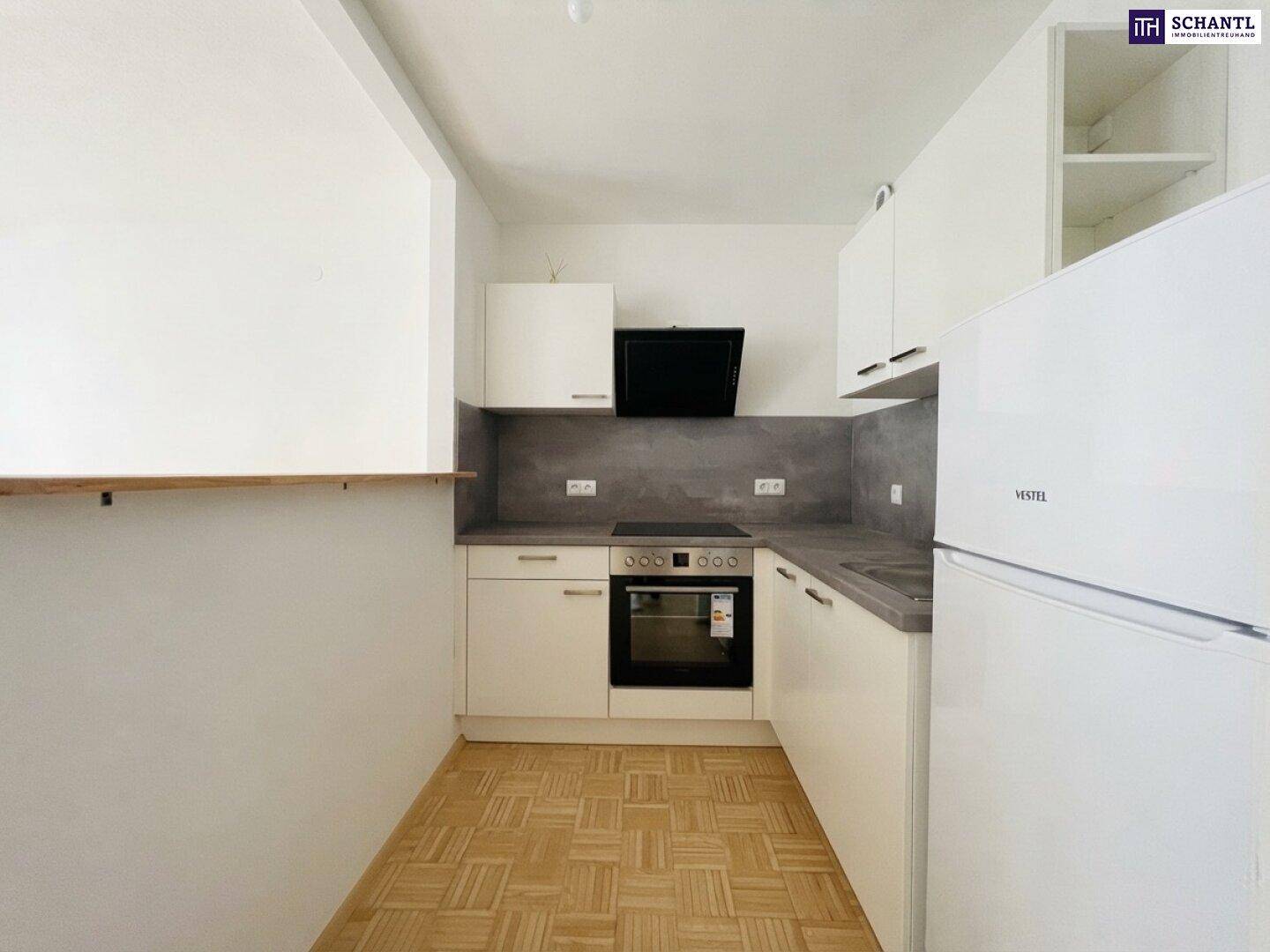 Kompakte Küchenzeile mit Herd, Backofen und Kühlschrank, ideal für kleine Wohnungen.