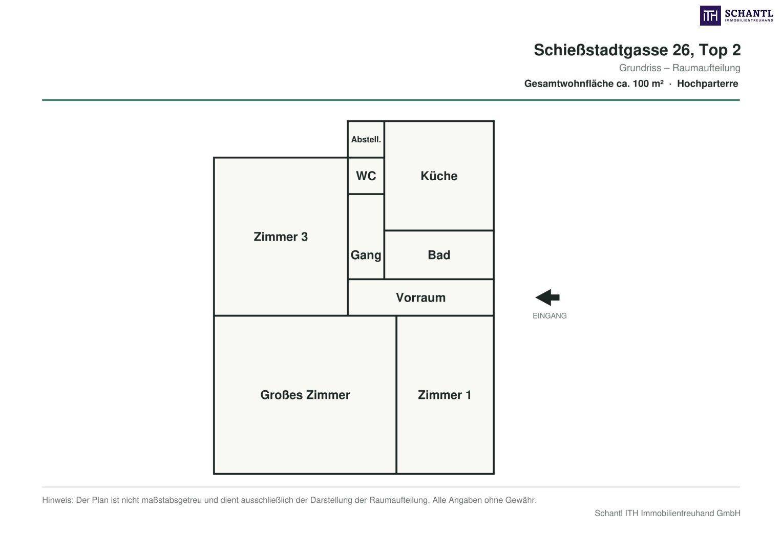 Grundriss der Wohnung mit einer Gesamtfläche von ca. 100 m² und klarer Raumaufteilung.