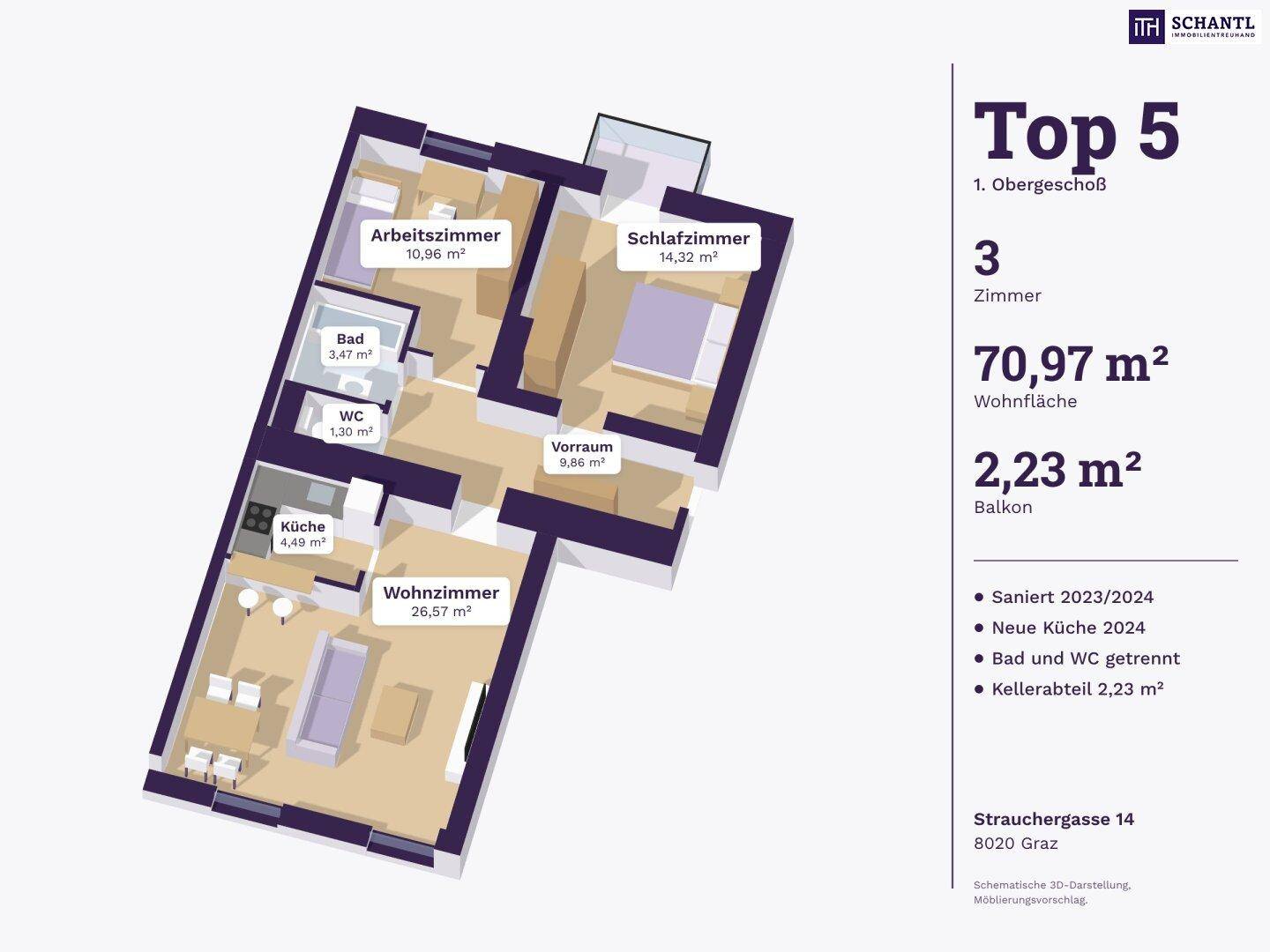 Schematische 3D-Darstellung des Grundrisses mit Wohnfläche und Balkon für Top 5.