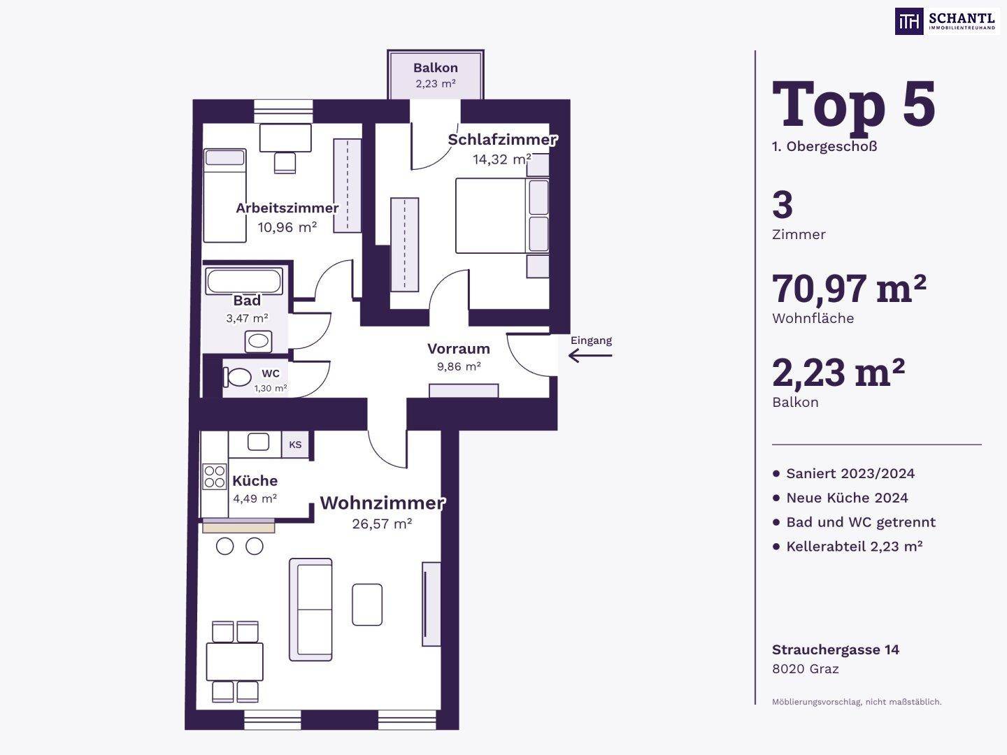Detaillierter Grundriss mit Raumaufteilung, Wohnfläche und Balkon für Top 5.