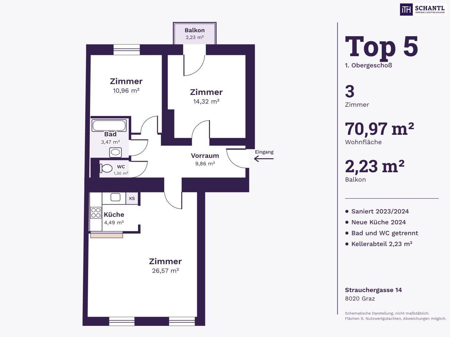 Übersichtlicher Grundriss mit Zimmern, Bad, WC und Balkon, ideal für die Planung.