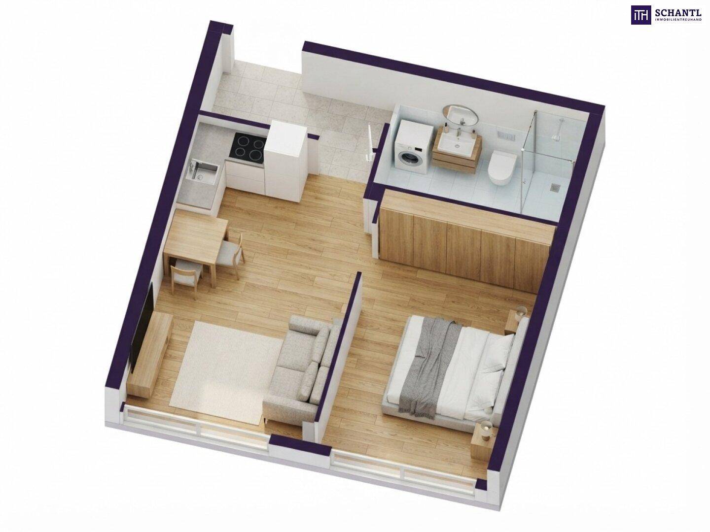 3D-Grundriss einer kleinen Wohnung mit offenem Wohnbereich, Schlafzimmer und Bad.